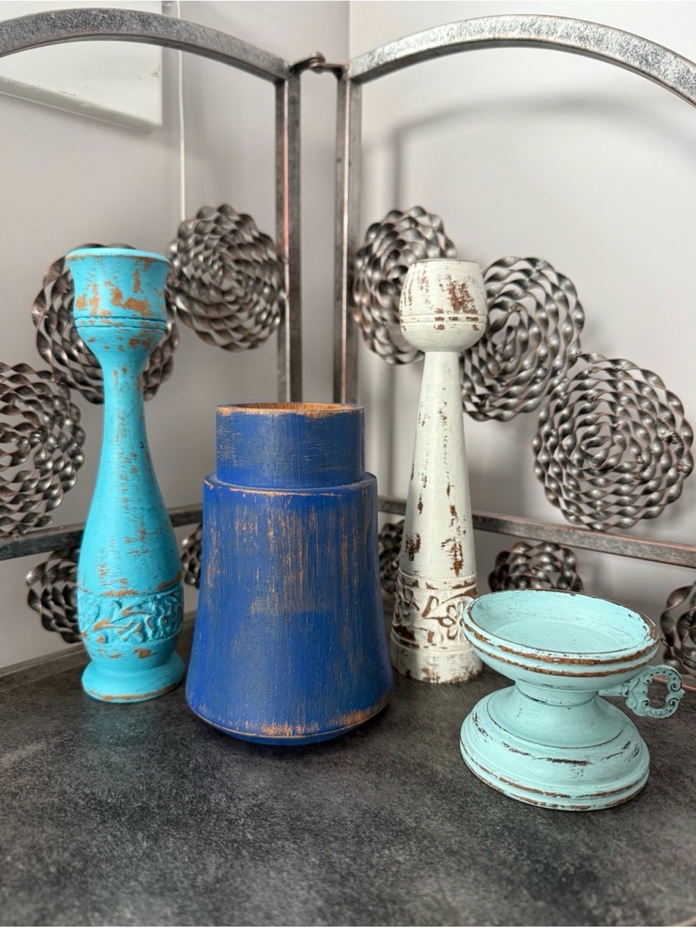 Rustic Vintage Distressed Blue & Aqua Candle Holder Set